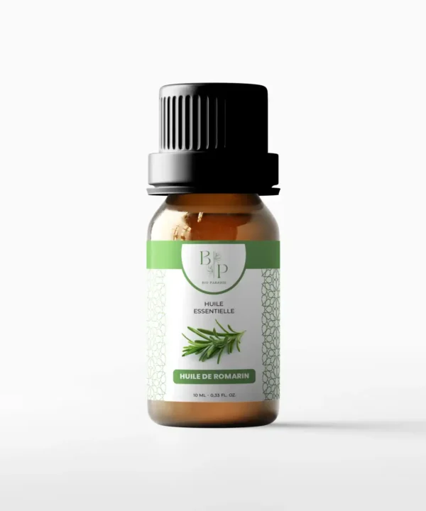 Flacon d'huile essentielle de romarin bio Bioparadis, utilisée pour ses propriétés purifiantes et stimulantes, produit 100% naturel au Maroc.